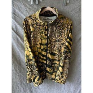 Onque Casuals Sweater Womens XS Yellow Black Paisley Full Zip Long Sleeve Ladies